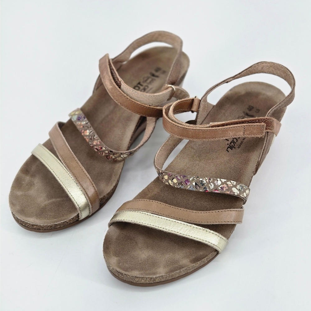 Women's Naot Hero Rose Gold Multi Metallic Strappy Wedge Comfort Sandals 40 9